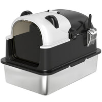 PawHut XL Stainless Steel Panda Style Cat Litter Box with Lid and Scoop-The adorable panda design brings cheer and style to your interior décor