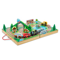 Melissa & Doug 17-Piece Wooden Take-Along Tabletop Railroad - 3 Trains, Truck, Play Pieces, Bridge-Tabletop Railroad