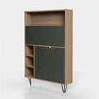 Nexera Slim Bar Cabinet - Secretary Bookcase Desk With Storage - Nutmeg & Charcoal Grey-This piece of furniture can also be used as a bar, modern engraved drop-down door with geometrically patterned textured lacquer finish  serves as a work surface when open