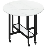HOMCOM Rolling Drop Leaf Folding Dining Table with Open Storage Shelf for 4-6 - White Marble-Foldable design saves space while hosting up to four diners 