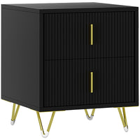 HOMCOM Nightstand with Metal Legs for Bedroom - Black-Fluted drawer fronts with a golden metal frame that complements your home decor