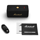 Marshall Emberton II Portable Bluetooth Speaker - Black & Brass-Faithful to the iconic heritage design of the brand while taking a more sustainable approach. This speaker's sturdy build comprises 50% post-consumer recycled plastic from used electronics, water bottles and automotive light covers, and is 100% PVC-free