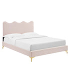 Modway Current Performance Velvet Full Platform Bed with Gold Metal Legs - Pink-Wood Slat Support System