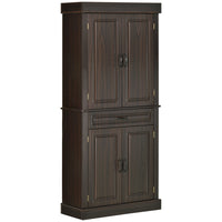 HOMCOM 71" H Freestanding Kitchen Pantry Cabinet with 4 Doors and Compartment - Distressed Coffee-Raised door panels, wood grain veneer, and antique metal handles bring colonial style to your home 
