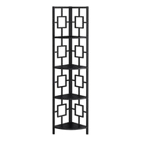 Monarch Specialties 3610 62"H Bookcase - Black/Black Metal Corner Etagere-4 tier metal etagere bookcase with evenly-spaced, fan-shaped shelves in black