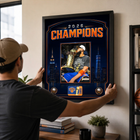 Frameworth New York Knicks 2026 Champions: Karl-Anthony Towns Trophy PhotoGlass Framed Photo - 18" W x 22" H - Orange-Finished size 18x22 inches: Vertical framed display sized for living rooms, offices, fan caves, and sports rooms