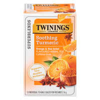 Twinings Superblends Soothing Turmeric Herbal Tea Bags - 18 Pack-Blended with turmeric, star anise, orange flavour, lemongrass, liquorice root and orange peel for a warm and flavourful herbal tea experience