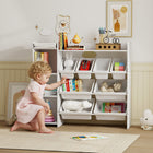 Qaba Kids Bookshelf and Toy Storage Organizer with 8 Removable Storage Bins, Shelves and Cabinet - White-Top space, grids and cupboard for spacious storage 