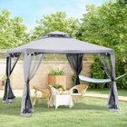 Outsunny 10 ft W x 10 ft L Patio Gazebo Outdoor Pavilion 2 Tire Roof Canopy - Grey-2-tier roof with mosquito netting