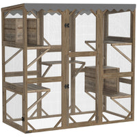PawHut 59" H Outdoor Wooden Catio Cat Enclosure - Brown-Four doors enhance accessibility and expansion possibilities 