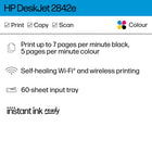 HP DeskJet 2842e All-in-One Printer with 6 months Instant Ink - Skyride-Key features: Colour print, copy, scan, flatbed scanner, a 60-sheet input tray, plus mobile and wireless printing