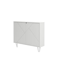 Nexera Slim 2-Door Storage Accent Cabinet - Floating And Wall Mount Bar - White-With its shallow depth, this piece of furniture, enhanced by its hairpin legs, offers discreet storage space on two internal shelves behind its double MDF doors with geometrically patterned textured lacquer finish