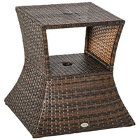 Outsunny Rattan Wicker Outdoor Coffee Table with Umbrella Hole, 2 Tier Storage Shelf - Mixed Brown-Great for your patio, poolside, balcony, and backyard