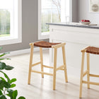 Modway Saoirse Faux Leather Wood Counter Stool - Natural Brown - Set of 2-Foot Pads for Floor Protection