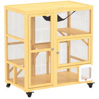 PawHut Wooden Cat House with Flap Door, Platforms and Hammock - Yellow-Multi-level platforms and a hammock for your cat's rest and play needs 