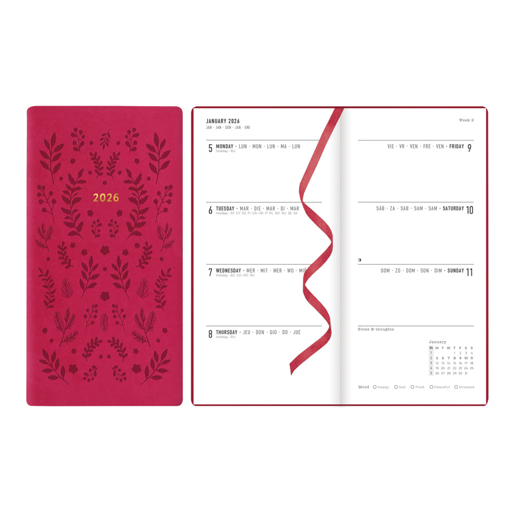 Letts Of London Woodland 2025 Weekly Planner - Medium Pocket Size (5.875x3.125"), Pink, Sewn Binding