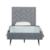 Manhattan Comfort Crosby 81.1" Modern Velvet Upholstered Twin-Size Bed - Grey-Mid-Century Modern Twin Bedframe with Headboard for Bedroom Use