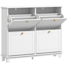 HOMCOM Narrow Shoe Cabinet with 4 Flip Drawers & 5 Legs for Entryway - White-Modern style, solid colour finish and gold handles enhance aesthetic appeal