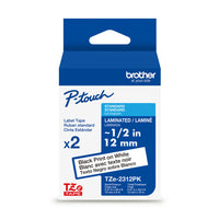 Brother Genuine  TZe231 Laminated Tape for P-touch Label Makers - 12 mm wide x 8 m long  - Black on White - 2 Pack-Black on white laminated TZe 12 mm tape, 2-pack for use with Brother P-touch label makers