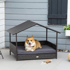 PawHut Wicker Dog House with Removable Cushion - Grey-Ideal for the courtyard, garden, balcony, patio, or indoors, a great addition to your wicker furniture set 