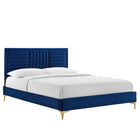 Modway Sofia Channel Tufted Performance Velvet Queen Platform Bed with Gold Metal Legs - Navy-Stain-Resistant Performance Velvet
