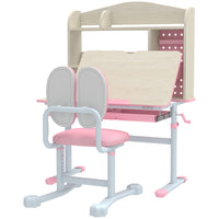 Qaba Height Adjustable Children Study Table and Chair Set with Tiltable Desktop, Drawer and Shelves - Pink-Adjustable desk and chair height grows with your child from 3-12 