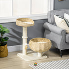 PawHut 28" Cat Tree with Scratching Post and Two Beds - Beige-Basket beds with cushions for soft and plush resting spots 