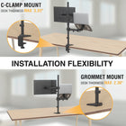 SHOPPINGALL Extra Tall Dual Monitor And Laptop Mount Stand with 31.5 inch Pole for Laptop up to 17" Monitors up to 32" - SA-LH07L-Black-[VERSATILE MOUNTING OPTIONS] Choose between two secure installation methods: the C-clamp for desk edges (max thickness 3.25”/84mm) or grommet installation for desks with a max thickness of 2.36"/60mm and no rear clearance. Both mounting options are provided within the package.