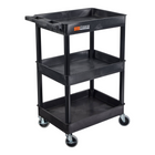 Luxor ENDURA 34" H Three-Tier Utility Cart - 24" W x 18" D - Black-The cart features three durable tub-style shelves made from 100% recycled high-density polyethylene for sturdy and reliable storage