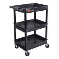 Luxor ENDURA 34" H Three-Tier Utility Cart - 24" W x 18" D - Black-The cart features three durable tub-style shelves made from 100% recycled high-density polyethylene for sturdy and reliable storage