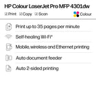 HP 4301dw Multifunction Colour LaserJet Pro Printer-Print Speed - First page out Letter: As fast as 9.1 sec Black, As fast as 9.7 sec Colour, First page out A4: As fast as 9.5 sec Black, As fast as 10.2 sec Colour, Letter: Up to 35 ppm Black, Up to 35 ppm Colour, A4: Up to 33 ppm Black, Up to 33 ppm Colour