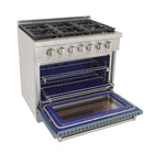 Kucht 36" KFX-X Series Pro Style Natural Gas Range - Stainless Steel/Light Blue-Product dimensions 27.75" L x 36" W x 36" H