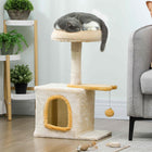 PawHut 28" Cat Tree Tower with Plush Top Bed - Beige/Yellow-Covered in soft plush fabric, offering your cat a warm, cozy retreat 