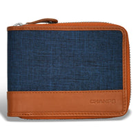 Champs Denim Leather Zip Around Wallet - Tan/Blue-Leather Zip around wallet in gift box