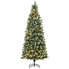 HOMCOM 7.5' Pre-Lit Snow-Flocked Skinny Artificial Christmas Tree - Green-This tree stands 7.5ft tall and is adorned with pinecones, giving it a natural and healthy appearance 