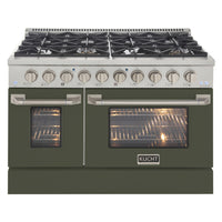 Kucht 48" KDF Series Pro Style Natural Gas Dual Fuel Range - Stainless Steel/Olive Green-Cook and bake like a pro with 2 separate ovens with large oven windows, the main is a heavy-duty blue porcelain oven with 4.2 cu. ft. of capacity while the additional side oven has 2.5 cu. Ft