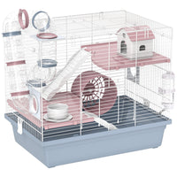 PawHut 17" H 3-Tier Small Animal Cage with Excerise Wheel, Food Bowl, Water Bottle, House, Tunnels and Ramps - Blue-A three-level cage with fun tubes provides endless fun and space 