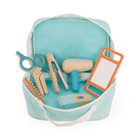 Janod Hairdresser Toy 6-Piece Set-This attractive case includes a straightener, a comb, a pair of scissors, a mirror, a hairdryer and a razor - everything you need to emulate your favorite hairstylist