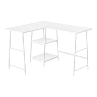 Monarch Specialties 7596 48" Computer Desk - White Top/White Metal Corner-Industrial-style computer desk with 2 fixed, open shelves supported by sawhorse-style legs in metal