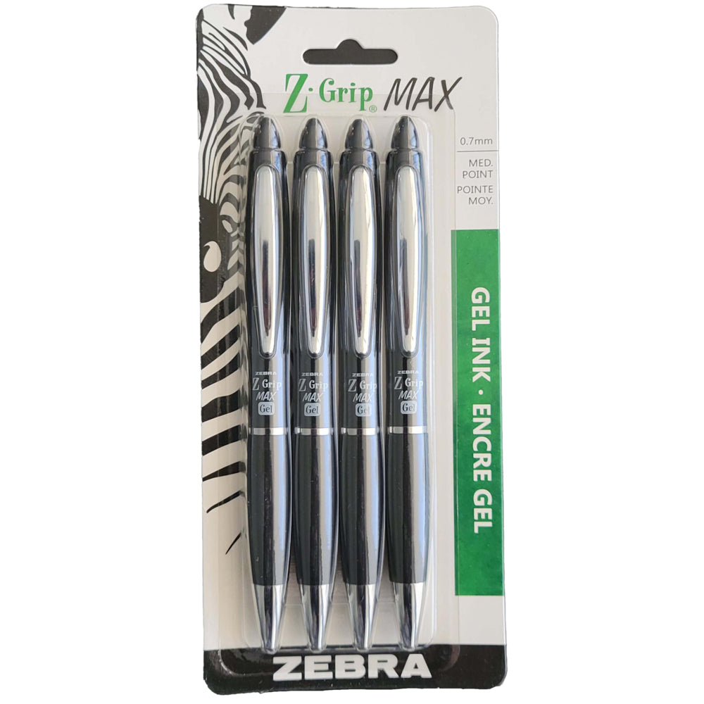 Zebra Z-Grip Max Gel Pens Retractable – 0.7mm – Black – 4 Pack
