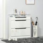 HOMCOM High Gloss Shoe Cabinet with 2 Flip Drawers & Glass Top - High Gloss White-Compact depth fits narrow spaces