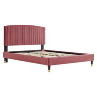 Modway Alessi Performance Velvet Queen Platform Bed with Wood Legs and Gold Metal Sleeves - Dusty Rose-Vintage Modern Queen Bed