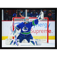 Thatcher Demko Canucks Glove Save - Framed Canvas - 31" x 22"-Premium canvas print with gallery-wrapped edges