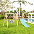 Outsunny Kids Wooden Swing Set with Slide, Captain's Wheel and Telescope - Natural-Includes a captain's wheel, telescope, and mailbox for endless adventure 