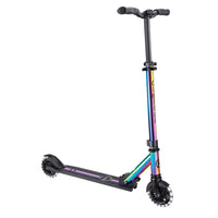 Globber Flow Elements Lights - Neochrome-2-wheel scooter for kids and teens aged 5+ with an easy, fast, and secure patented folding system: Simply lift the button upward to put the light-up folding scooter into self-standing or folded mode