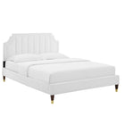 Modway Sienna Performance Velvet Full Platform Bed with Wood Legs and Gold Sleeves - White-Stain-Resistant Performance Velvet