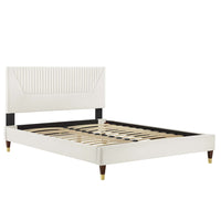 Modway Yasmine Channel Tufted Performance Velvet Full Platform Bed with Wood Legs and Gold Metal Sleeves - White-Full Platform Bed