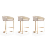 Manhattan Comfort Louvre 21" Mid-Century Modern Faux Leather Upholstered Barstool - Cream and Titanium Gold - 3 Pack-Mid-Century Modern Barstool with Backrest Perfect for Bar and Kitchen Use