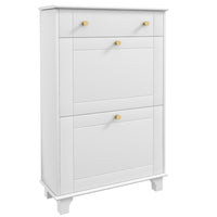 HOMCOM Narrow Shoe Cabinet with 2 Flip Drawers for Storage - White-Modern style, solid colour finish and gold handles enhance aesthetic appeal