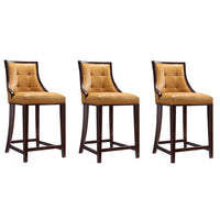 Manhattan Comfort Fifth Avenue 19" Traditional Faux Leather Upholstered Counter Stool - Camel and Dark Walnut - 3 Pack-Traditional Counter Stool with Backseat Perfect for Bar and Kitchen Use. Set of 3